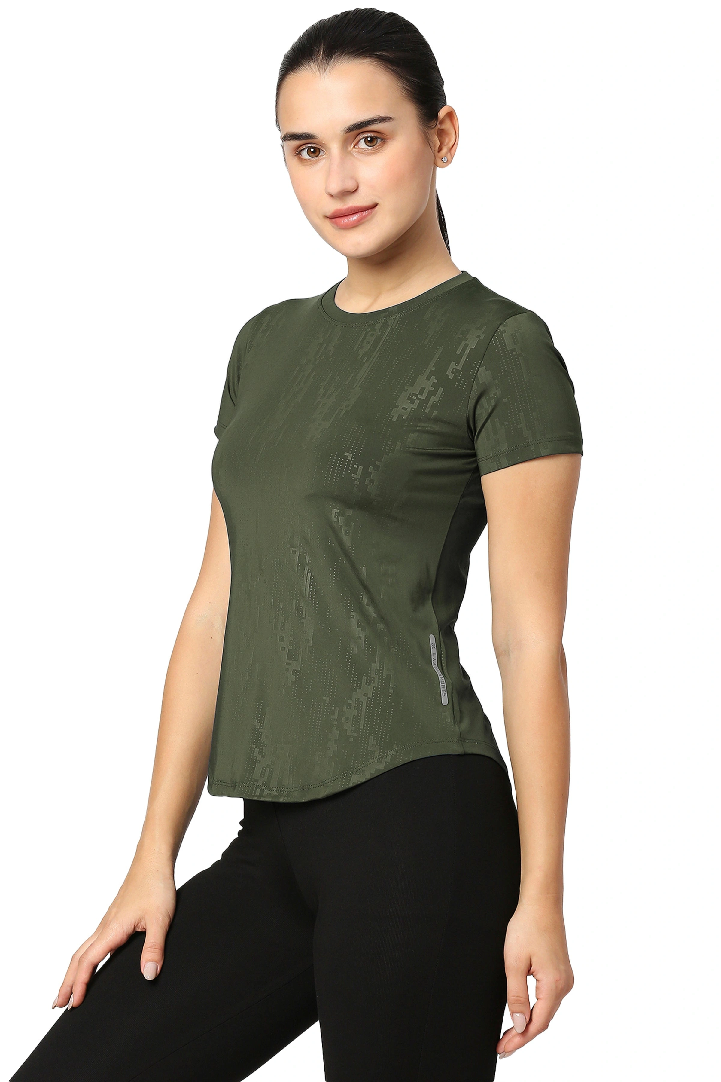 Curved Hem Emboss Print Gym Workout T-Shirt -OLIVE GREEN-S-4