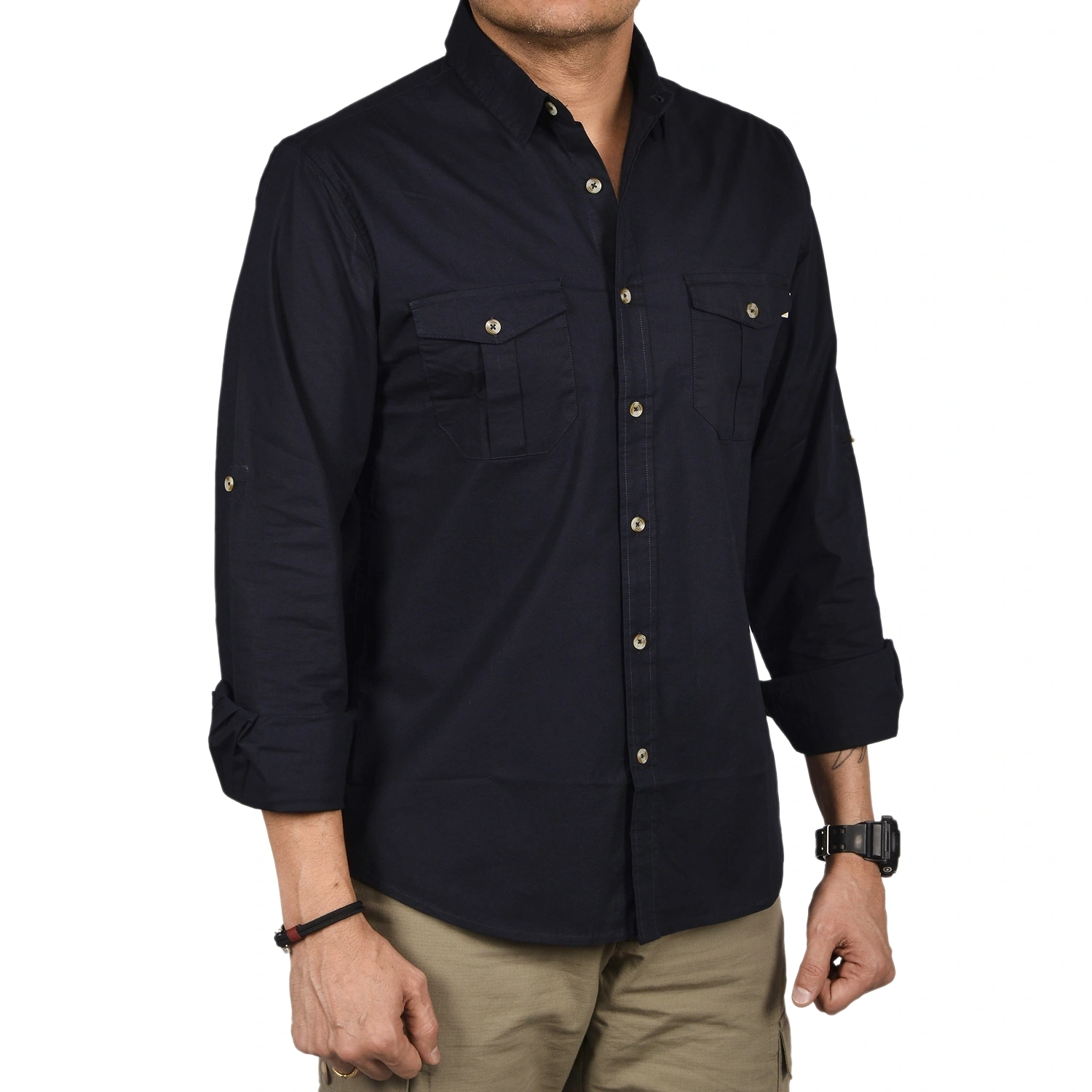 Corbett Men's Outdoor Classic Full Sleeve Shirt: Lightweight Cotton-Lycra Blend Shirt for Rugged Style and Functionality-L-Navy Blue-2