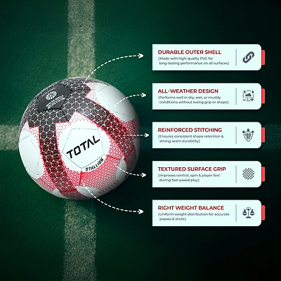 TOTAL PVC Football Durable Training &amp; Match Ball for Kids &amp; Beginners-White-Red-5-4