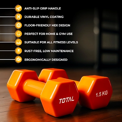 TOTAL Vinyl Coated Hexa Dumbbell Set for Home Workout and Strength Training (Pair)-ORANGE-1.5 KG-5