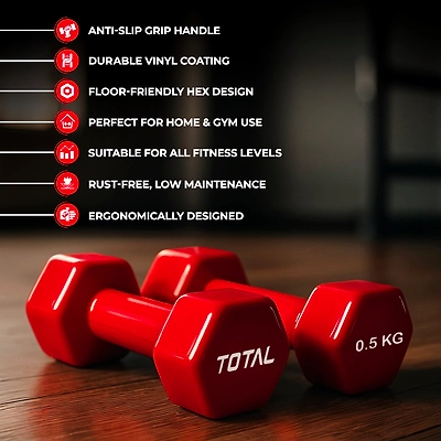 TOTAL Vinyl Coated Hexa Dumbbell Set for Home Workout and Strength Training (Pair)-RED-0.5 KG-5