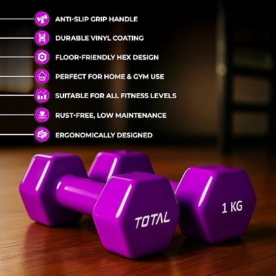 TOTAL Vinyl Coated Hexa Dumbbell Set for Home Workout and Strength Training (Pair)-PURPLE-1 KG-5