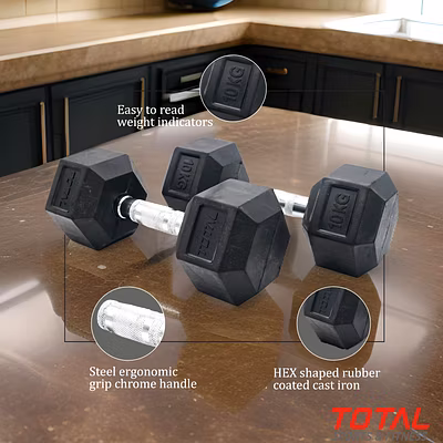 TOTAL Hexagonal Dumbbells Set for Home Gym - Full-Body Strength Training Equipment-10 KG-Black-2