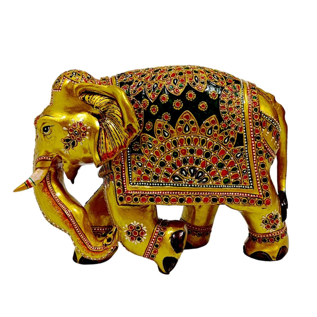 Handmade Wooden Golden Painted Elephant Statue-KH52