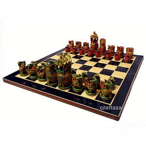 Indian Wooden Hand Painted Maharaja Chess Set 8 cm height