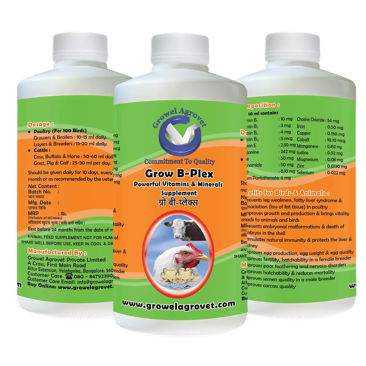 Pet Birds : Grow B-Plex – Vitamin B-Plex For Poultry : With 19 Vitamin E, Vitamin -C, Amino Acids And Minerals-1 l-4