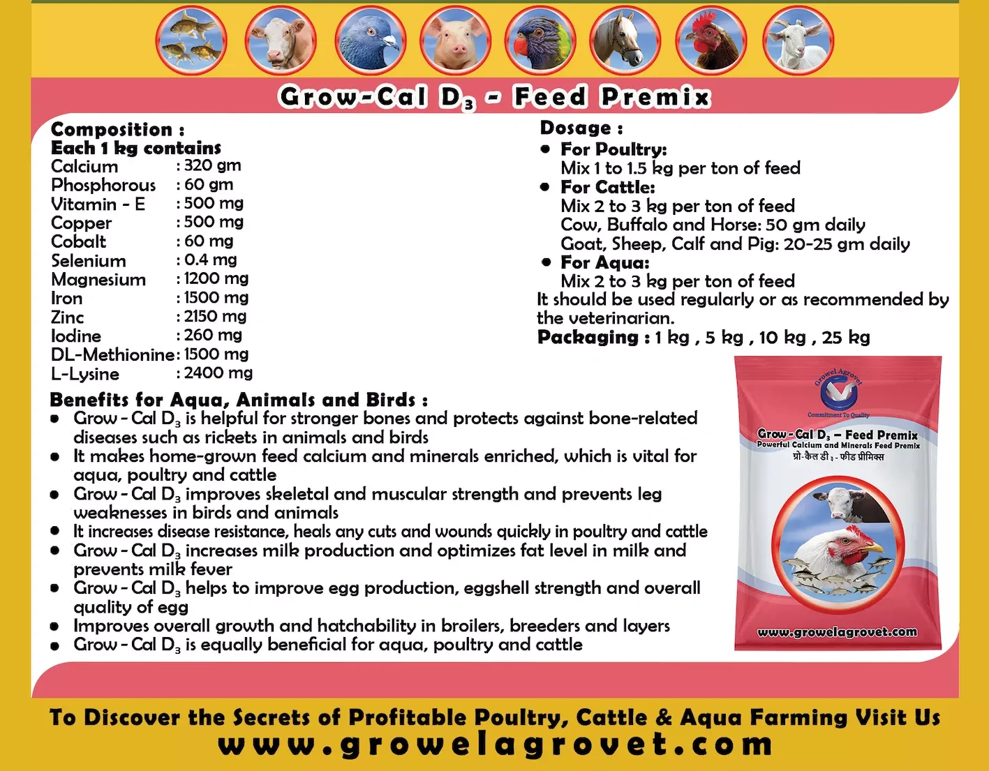 Pig and Swine : Grow-Cal D3 – Feed Premix :  Calcium And Minerals Feed Premix-5 kg-4