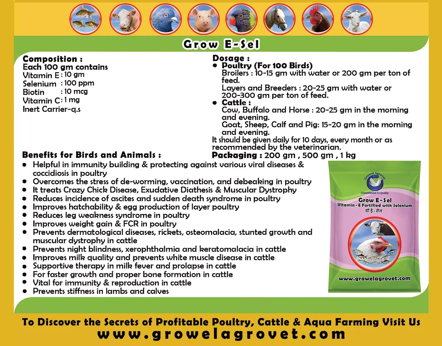 Pig and Swine : Grow E-Sel  – Vitamin – E with Selenium, Biotin, and Vitamin – C-500 gm-4