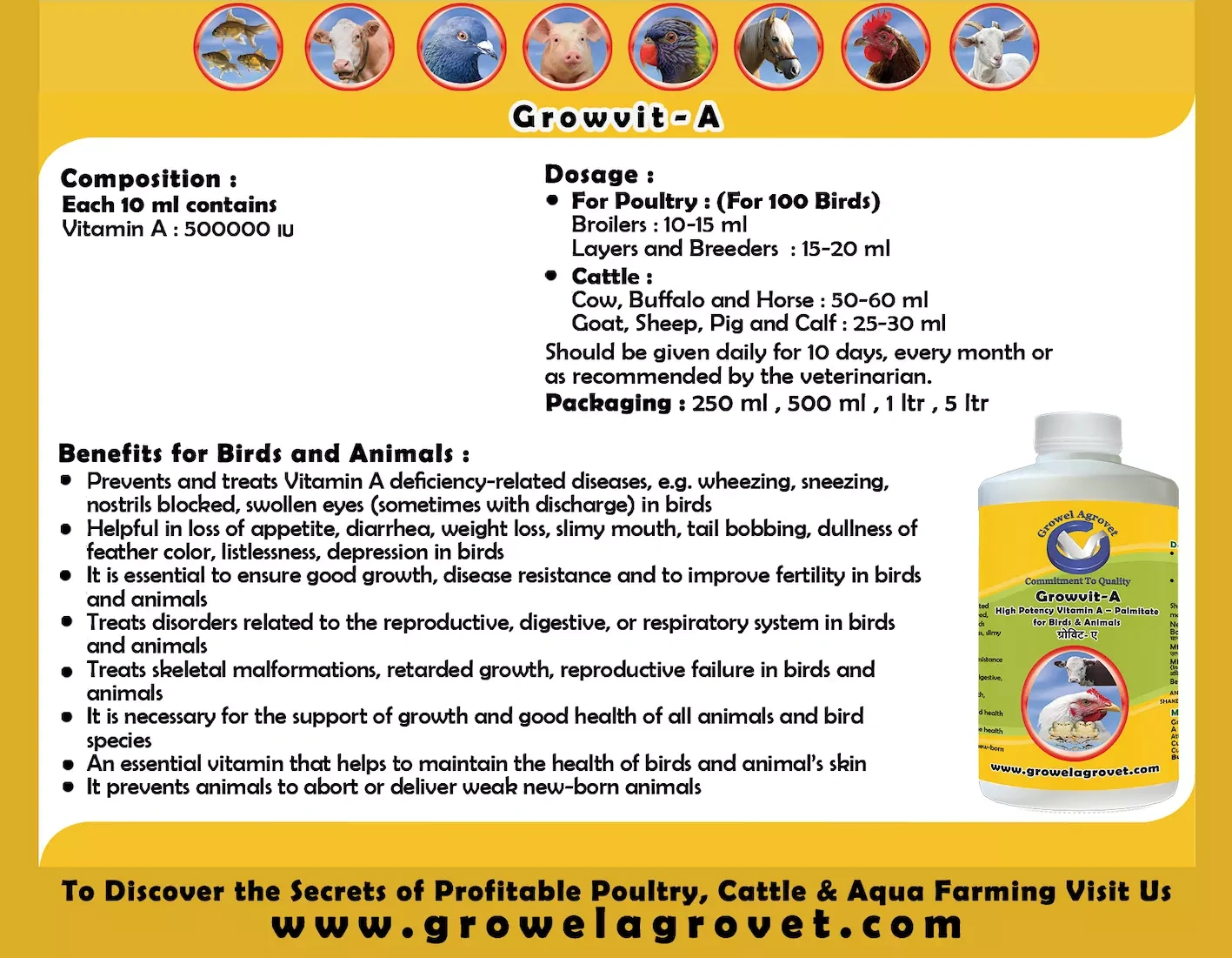 Horses And Equines : Growvit-A – High Potency Vitamin- A  for Horses And Equines :-500 ml-2