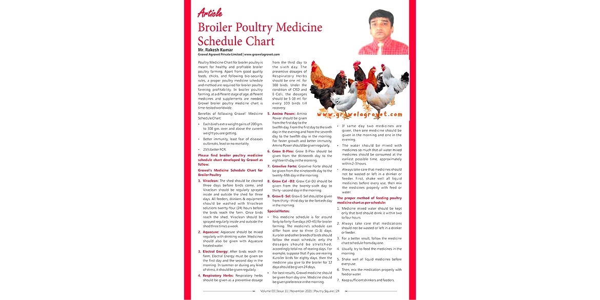 Broiler Poultry Medicine Schedule Chart “Article Was Published In Poultry Square, Magazine, November 2021.
