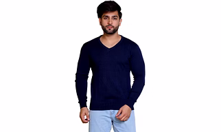 REVELLER Men Navy Blue Solid Pure Cotton Sweater