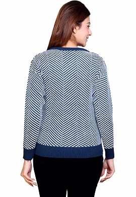 WORIAN Women Prussian Blue::Off White Woven Nylon Blend::Acrylic Sweater-Prussian Blue::Off White