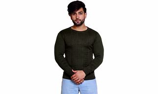 REVELLER Men Olive Solid Acrylic Wool Blend Sweater