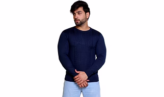 REVELLER Men Navy Blue Solid Acrylic Wool Blend Sweater
