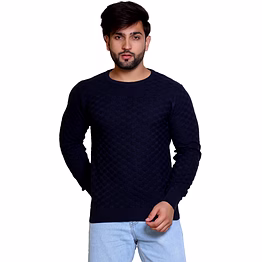 reveller men navy blue self design pure cotton sweater
