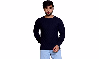 REVELLER Men Navy Blue Self Design Pure Cotton Sweater