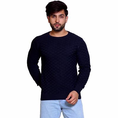 reveller men navy blue self design pure cotton sweater
