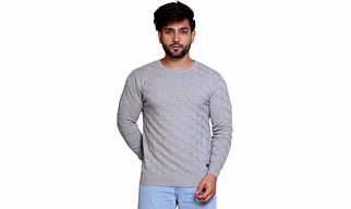 REVELLER Men Koala Grey Self Design Pure Cotton Sweater