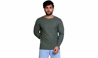 REVELLER Men Fern Green Self Design Pure Cotton Sweater
