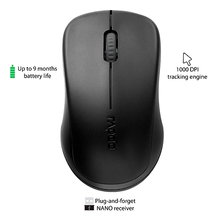 RAPOO 1620 wireless Mouse , 2.4 GHz with USB Nano Receiver, Optical Tracking, Ambidextrous, PC/Mac/Laptop - Black-4