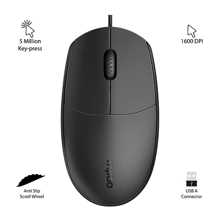 Rapoo N100 Wired USB Mouse, 3 yr Warranty, 1600 DPI Optical Tracking, Ambidextrous PC/Mac/Laptop - Black-2