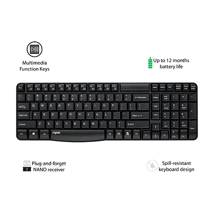 Rapoo E1050 2.4GHz Wireless Optical Keyboard, 10 Meter Transmission Range, Spill-resistant Design, 1000 DPI Mouse, Fn Keys, 12 Multimedia Functions, 3 Years Warranty - Black-4