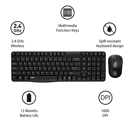 Rapoo X1800S 2.4GHz Wireless Optical Keyboard &amp; Mouse Combo, 10 Meter Transmission Range, Spill-resistant Design, 1000 DPI Mouse, Fn Keys, 12 Multimedia Functions, 3 Years Warranty - Black-4