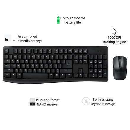 Rapoo X1800Pro 2.4G Wireless Keyboard and Mouse Combo with Spill-resistant and Multimedia hotkeys Design for Laptops Desktops PC-4