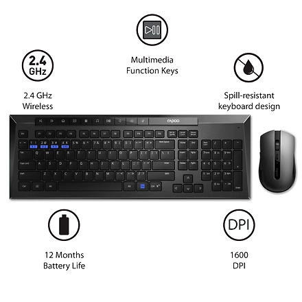 Rapoo 8210M Multi-Mode Keyboard &amp; Mouse Bluetooth 3.0/4.0 Wireless 2.4 GHz 1300 DPI Combo-Black-3