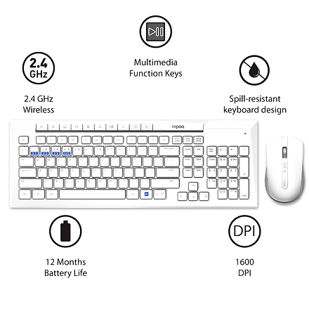 Rapoo 8210M Multi-Mode Keyboard &amp; Mouse Bluetooth 3.0/4.0 Wireless 2.4 GHz 1300 DPI Combo- White-3