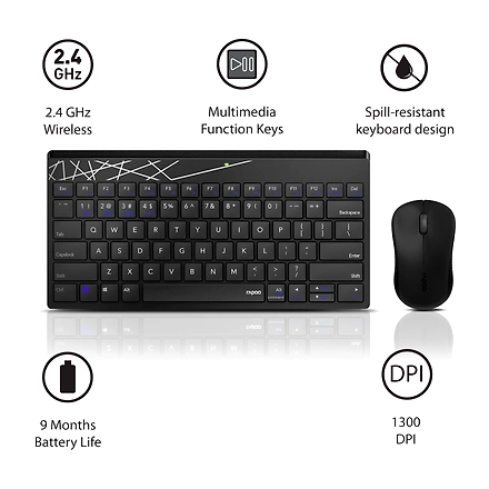 Rapoo 8000M Multi-Mode Keyboard &amp; Mouse Bluetooth 3.0/4.0 Wireless 2.4 GHz 1300 DPI Combo, 3 Years Warranty -Black-4