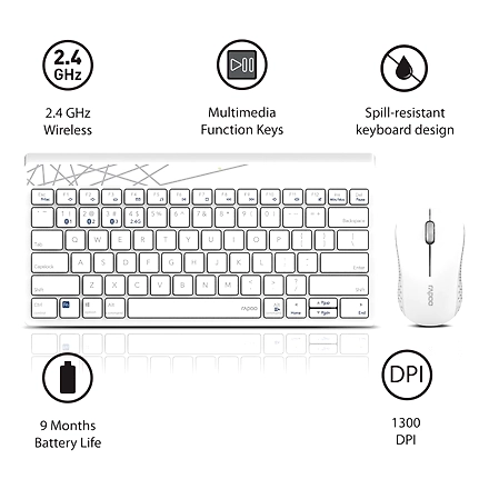 Rapoo 8000M Multi-Mode Keyboard &amp; Mouse Bluetooth 3.0/4.0 Wireless 2.4 GHz 1300 DPI Combo, 3 Years Warranty -White-4