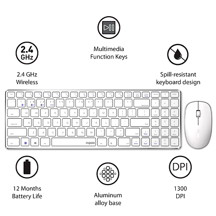 Rapoo 9300m Multi-Device Bluetooth + 2.4Ghz Wireless Keyboard &amp; Mouse Combo Ultra Slim Design, Spill-Resistant, Anodized Aluminum Body Compatible with Windows/PC/Chromebook, 3 Years Warranty - White-4