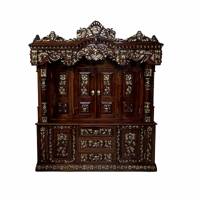 wooden mandir (temple) teak wood hand carved with front door and led lights inside