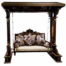 wooden swing teak wood hand carved with golden shade on brown stain