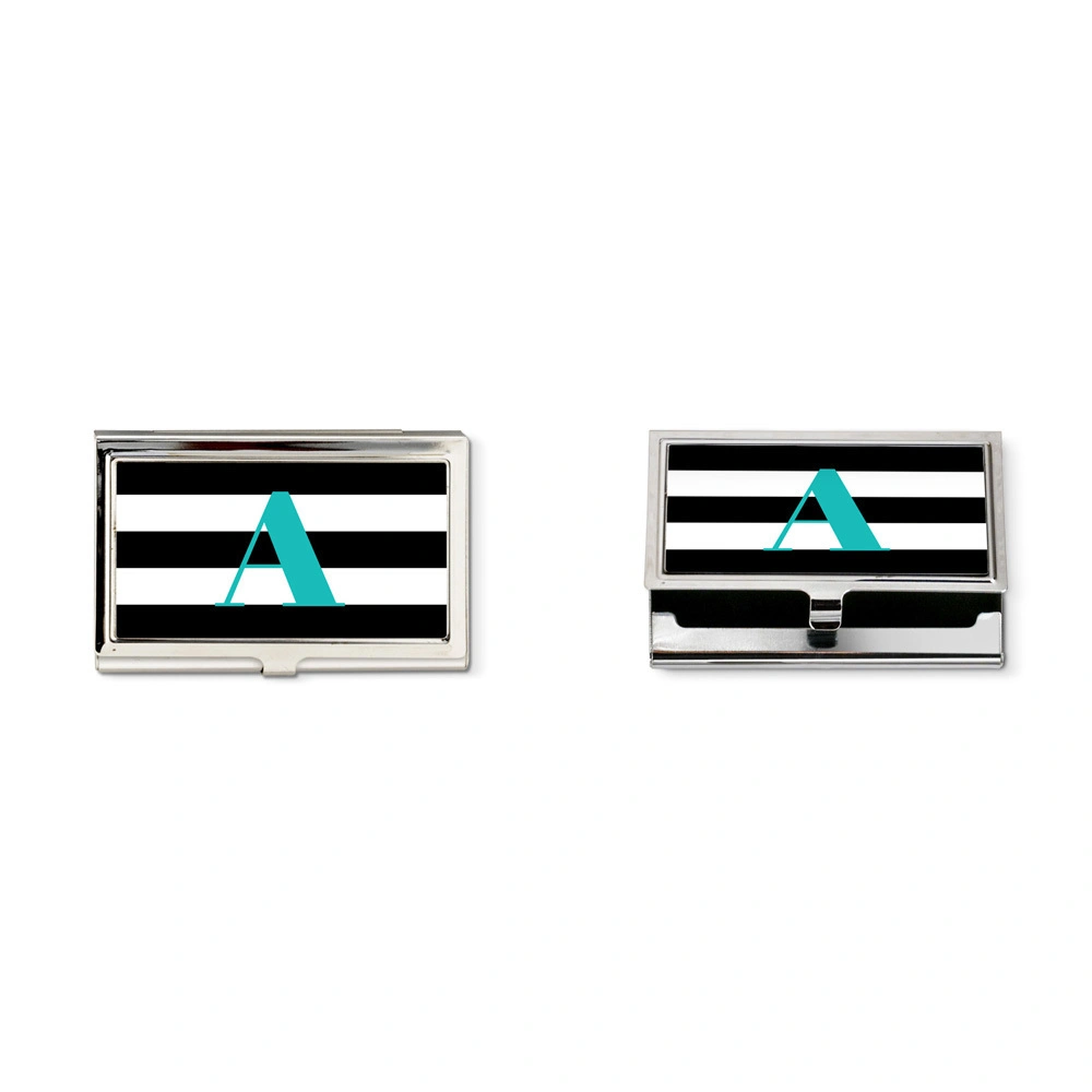 Black &amp;white  striped and turquoise monogram business card holder-TJFEMCH002BWSTM