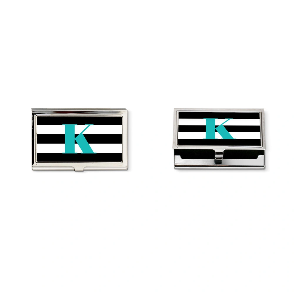 Black &amp;white  striped and turquoise monogram business card holder-1