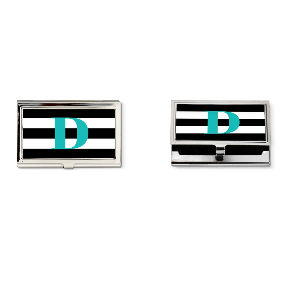 Black &amp;white  striped and turquoise monogram business card holder-2