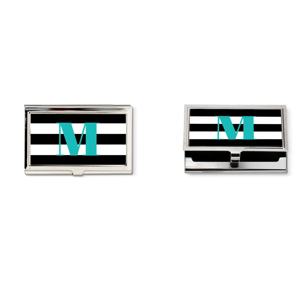 Black &amp;white  striped and turquoise monogram business card holder-3