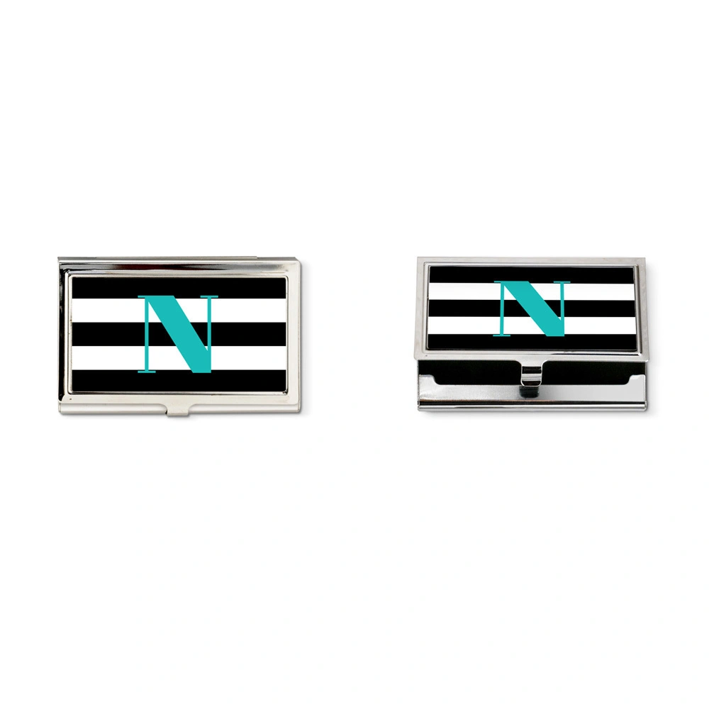 Black &amp;white  striped and turquoise monogram business card holder-4