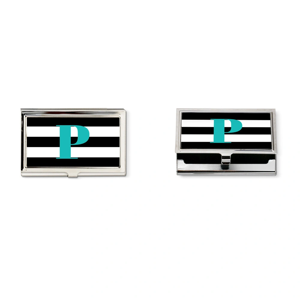 Black &amp;white  striped and turquoise monogram business card holder-5