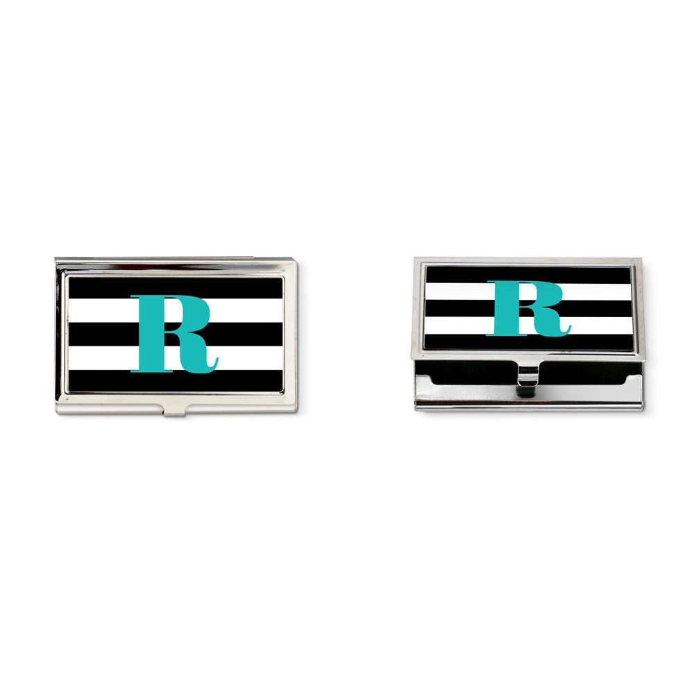 Black &amp;white  striped and turquoise monogram business card holder-6