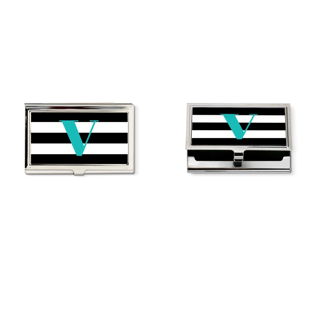 Black &amp;white  striped and turquoise monogram business card holder-7