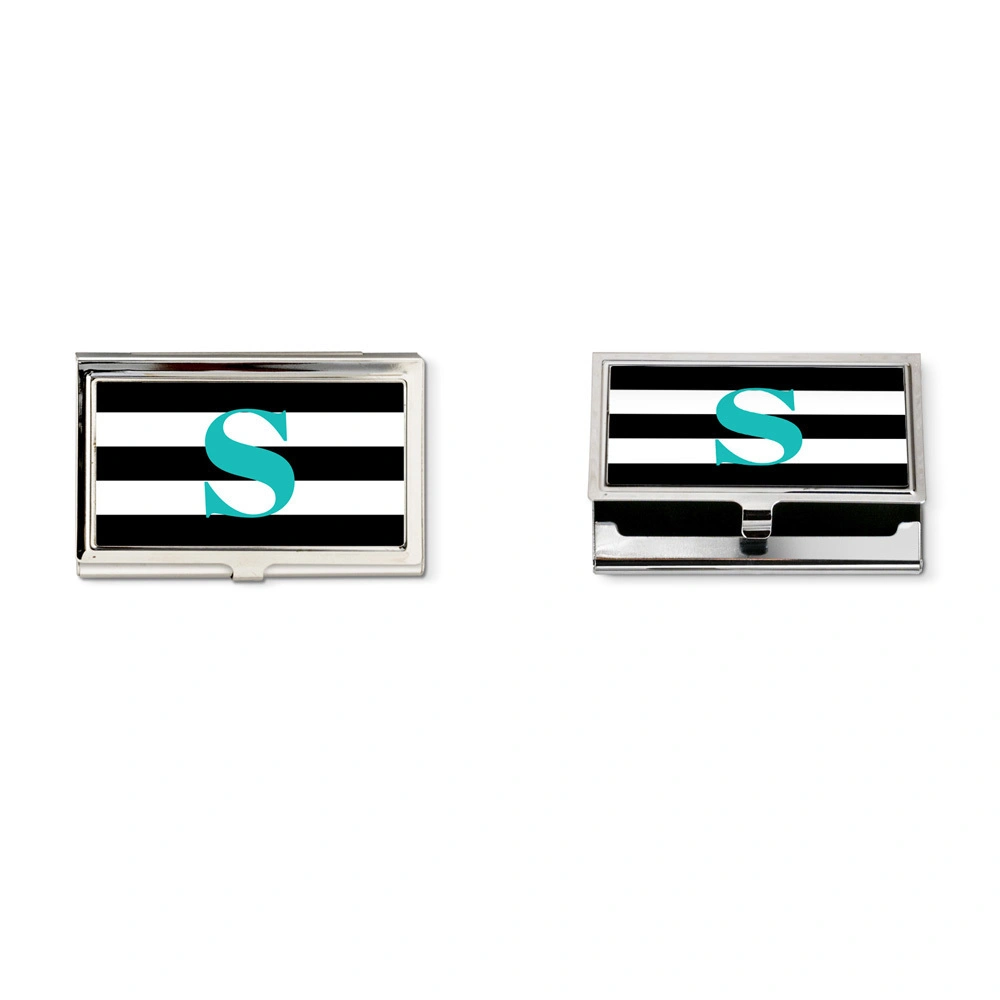 Black &amp;white  striped and turquoise monogram business card holder-8