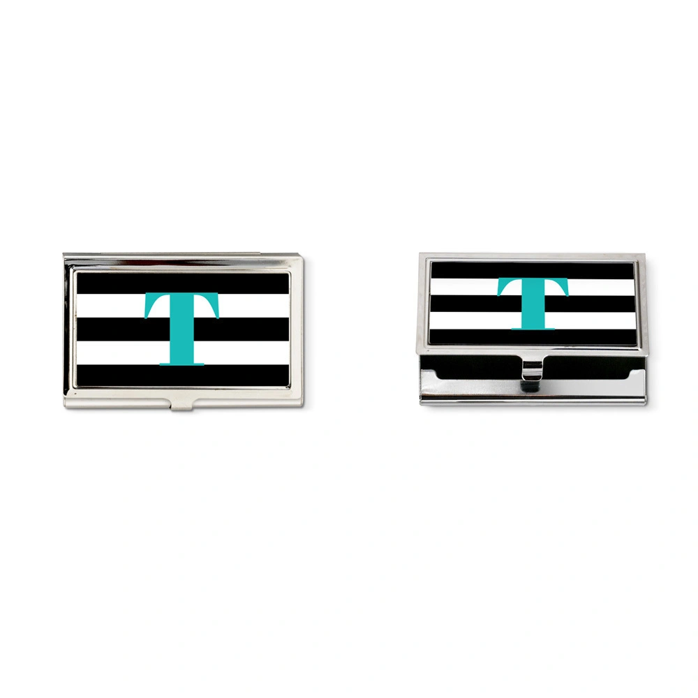 Black &amp;white  striped and turquoise monogram business card holder-9