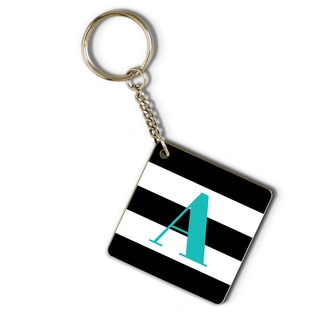 Black &white striped and turquoise monogram keychain
