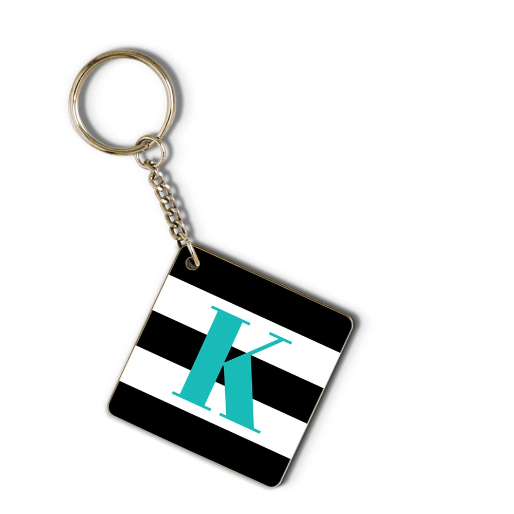 Black &amp;white  striped and turquoise monogram keychain-2