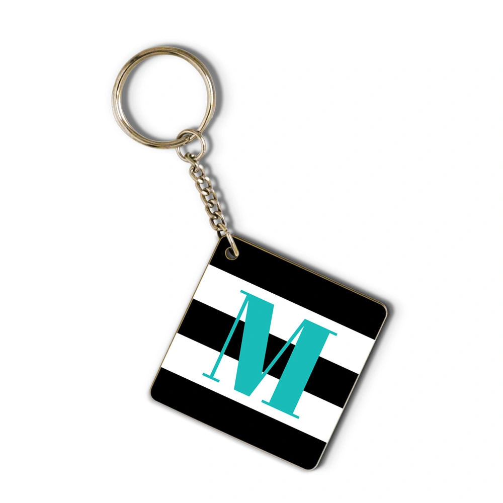 Black &amp;white  striped and turquoise monogram keychain-3