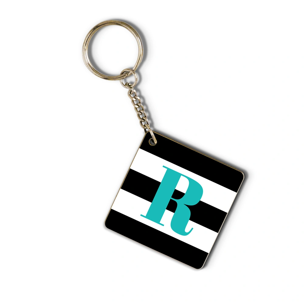 Black &amp;white  striped and turquoise monogram keychain-6