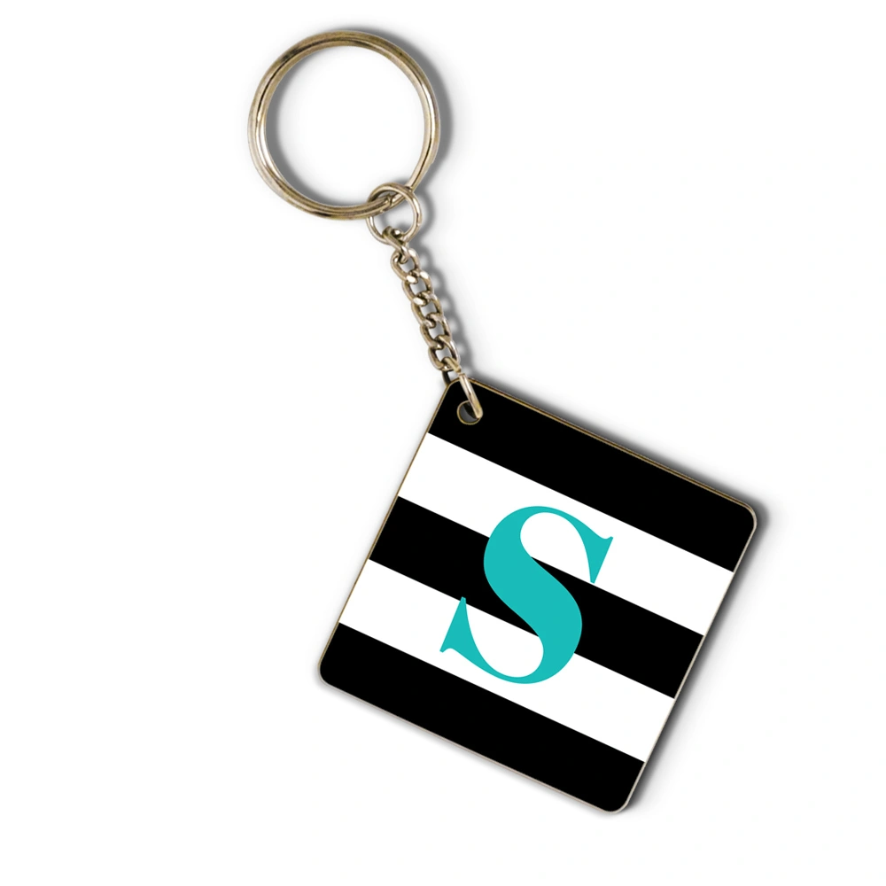 Black &amp;white  striped and turquoise monogram keychain-7